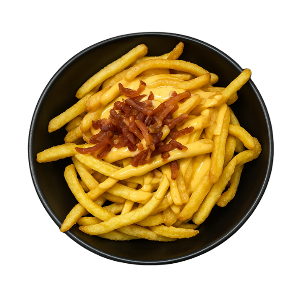 CARTOFI PROASPEȚI PRĂJIȚI CU SOS CHEDDAR ȘI CRISP DE BACON 